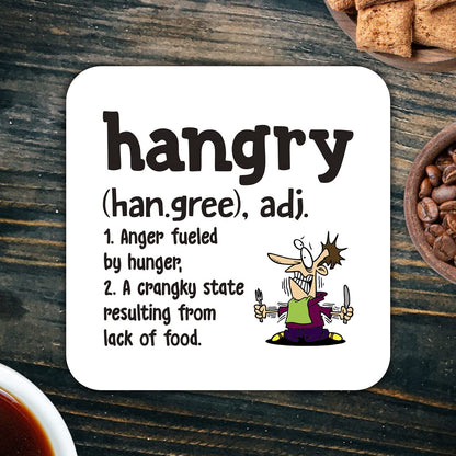 CS447 Defination Hangry Novelty Funny Coffee Tea Drink Gift Glossy MDF Wooden Coaster | Gifts for Men, Women, Friend, Foodie
