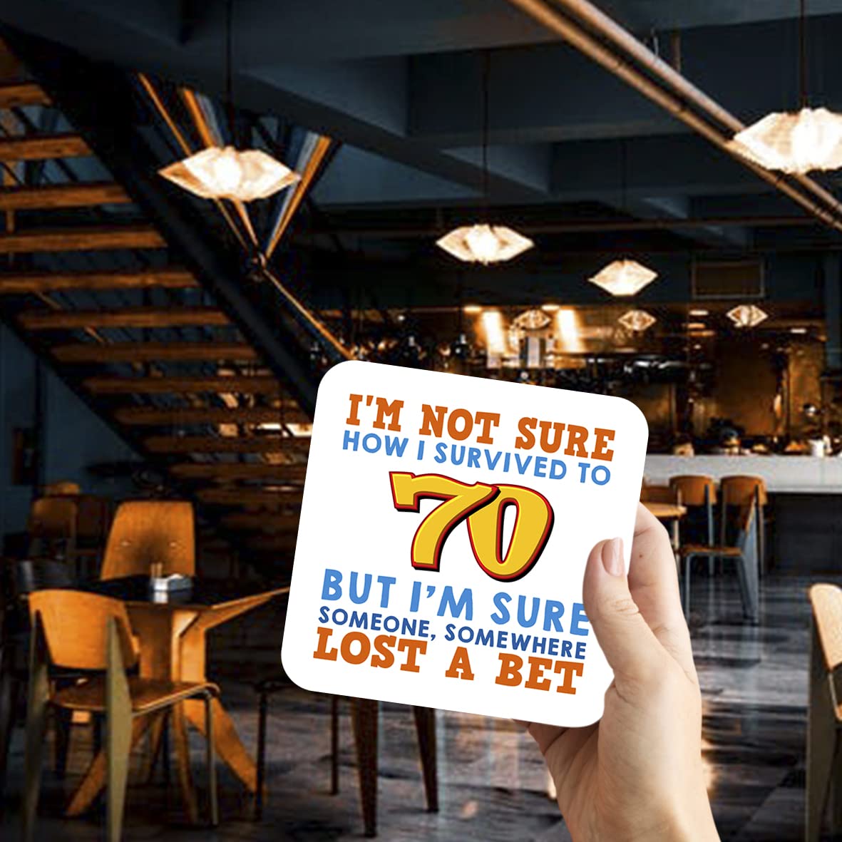 CS566 I'm Not Sure How i Survived to 70 But I'm Sure Someone, Somewhere Lost a Bet. Novelty Funny Coffee Tea Drink Gift Glossy MDF Wooden Coaster