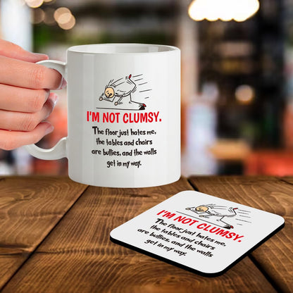 SM020 'I'm Not Clumsy' Funny Novelty Mug and Coaster Set - 11oz Sarcastic Quote Coffee Cup - Gag Gift for Men, Women, Coworkers