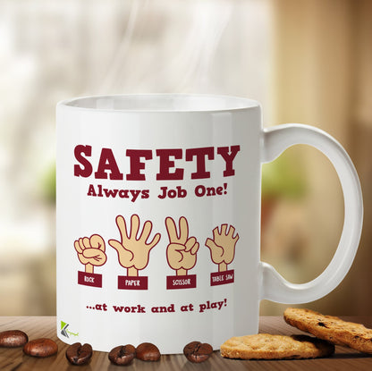 Kruzroyal DZ492 Safety Always Job one! Rock, Paper Scissor, Table Saw ...at Work and at Play! Funny Novelty Great Gift Idea Coffee Tea Mug