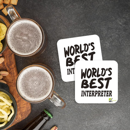 WB040 World's Best Interpreter MDF Wooden Coaster by Kruzroyal | Gift for Interpreter | Unique Novelty Present | 9cm x 9cm | Coffee Tea MDF Wooden Coaster