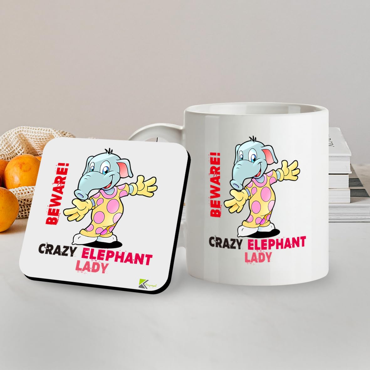Kruzroyal SM039 Beware Crazy Elephant Lady - 11OZ Mug & Matching Coaster Set