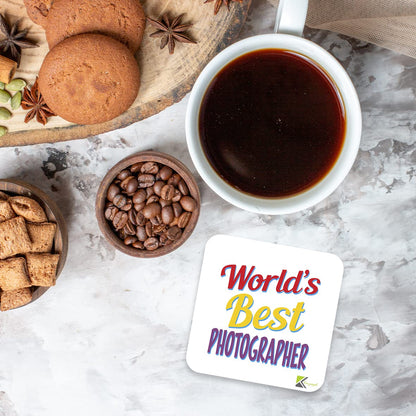 WB068 World's Best Photographer MDF Wooden Coaster by Kruzroyal | Gift for Photographer | Unique Novelty Present | 9cm x 9cm | Coffee Tea MDF Wooden Coaster