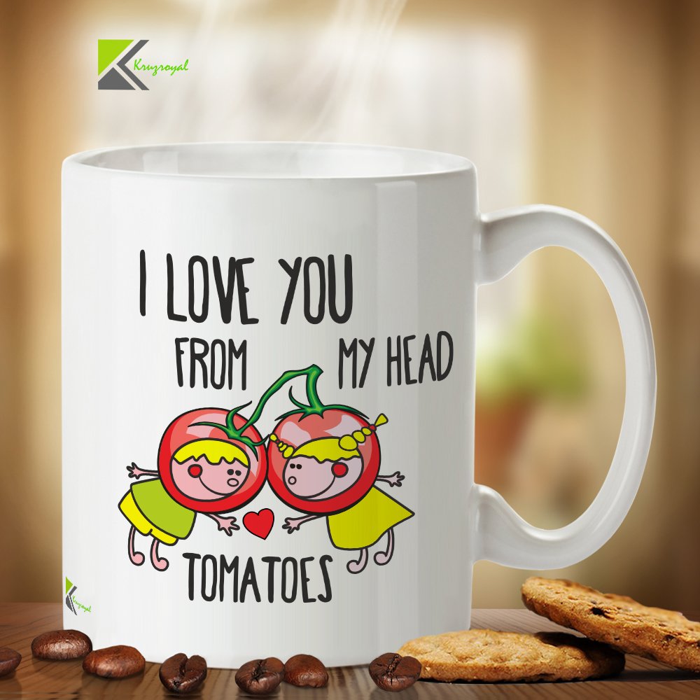 Kruzroyal Funny Romantic Mug, I Love You from My Head Tomatoes Pun Design, Cute Novelty Gift for Boyfriend, Girlfriend or Partner, White Ceramic, 11 oz