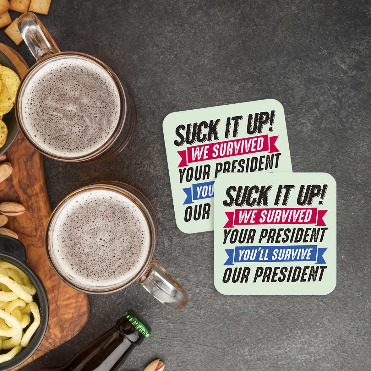 CS598 Suck it up! we Survived : Your President You'll Survive : Our President Novelty Funny Coffee Tea Drink Gift Glossy MDF Wooden Coaster