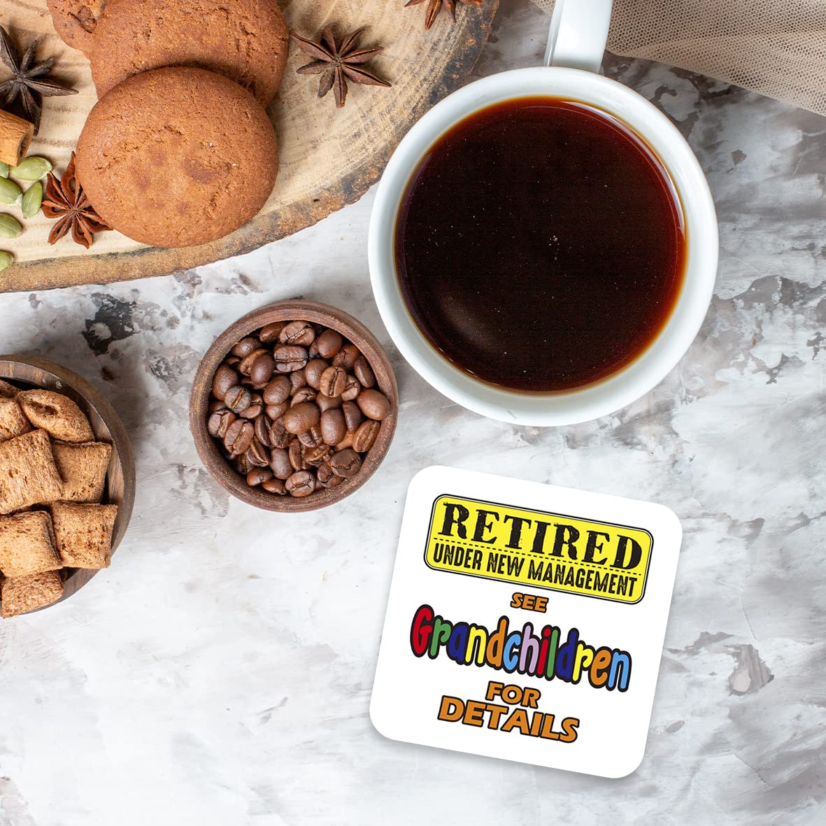 CS589 Retired : Under New Management See Grandchildren for Details Novelty Funny Coffee Tea Drink Gift Glossy MDF Wooden Coaster