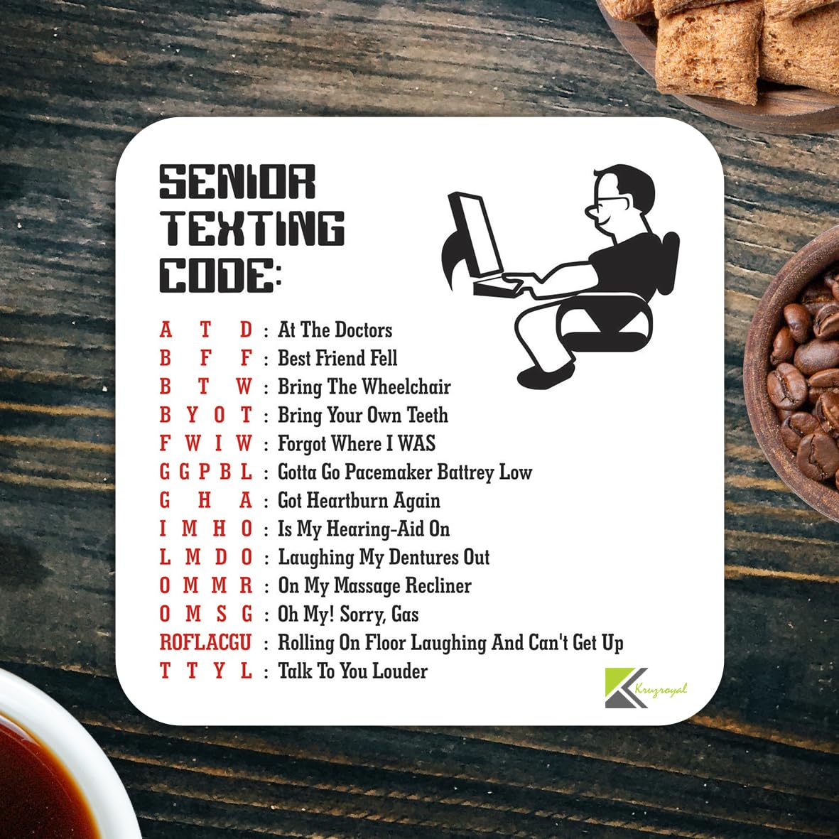 CS052 Senior texting code Novelty Funny Coffee Tea Drink Gift Glossy MDF Wooden Coaster | Gifts for Dad Grandad Men Him Her | Retirement, Fathers Day & Birthday Present