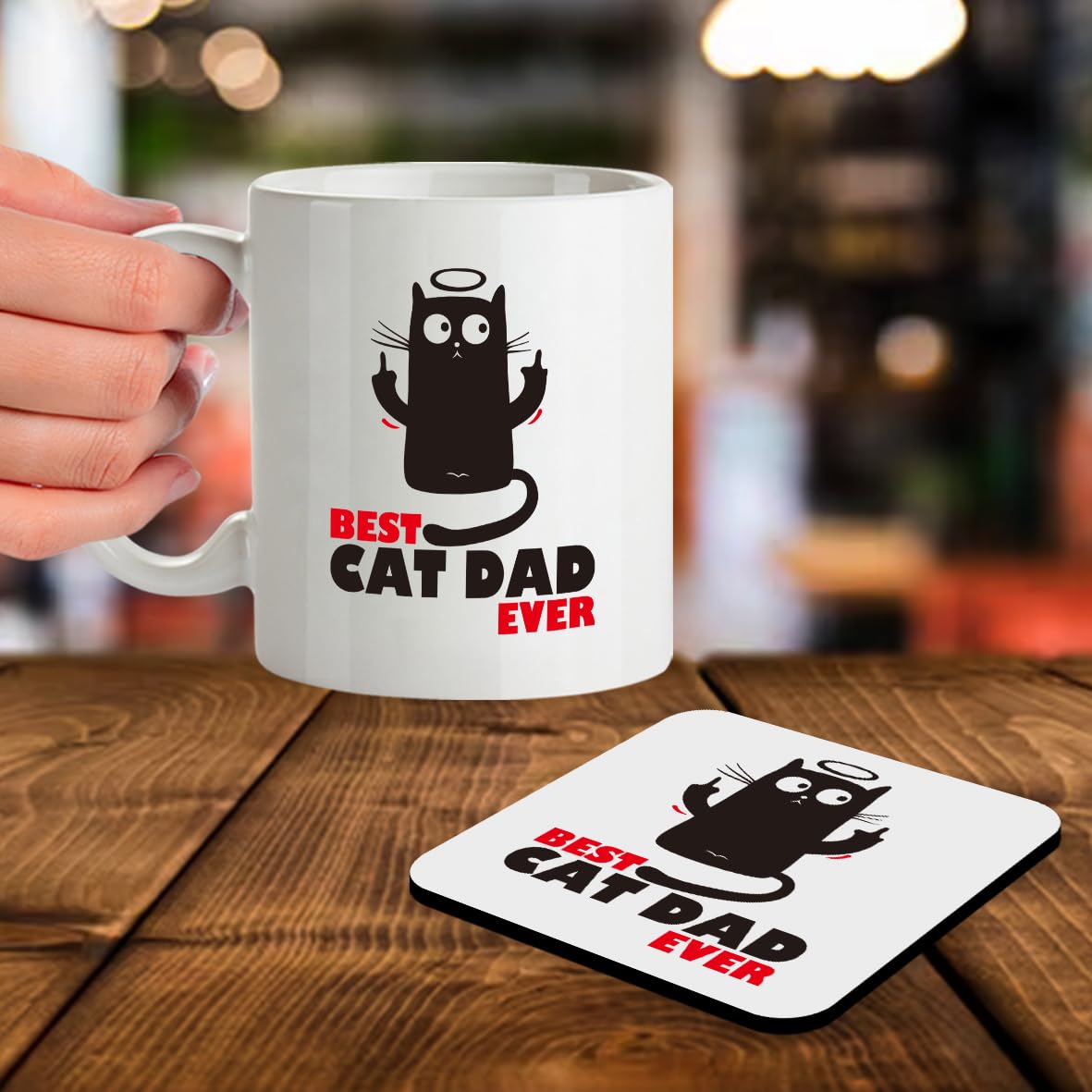 Kruzroyal SM053 Best Cat Dad Ever/Cat Lover - 11OZ Mug & Matching Coaster Set - for Cat Father Dad Person