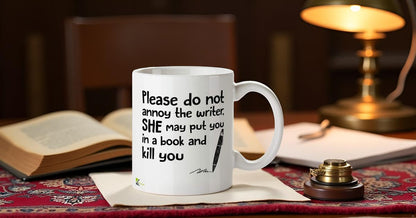 Kruzroyal Do Not Annoy Writer Mug | Funny Book Author Gift Ceramic Coffee Tea Cup for Novelist, Editor, Friend | She May Put You in a Book