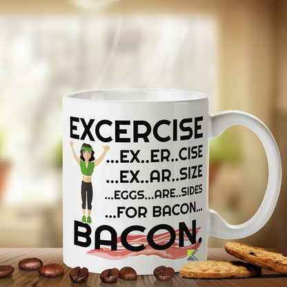 Kruzroyal Funny Exercise Mug, Eggs are Sides for Bacon Design, Anti-Workout Humor Gift for Gym Haters & Foodies, White Ceramic Coffee Cup, 11 oz