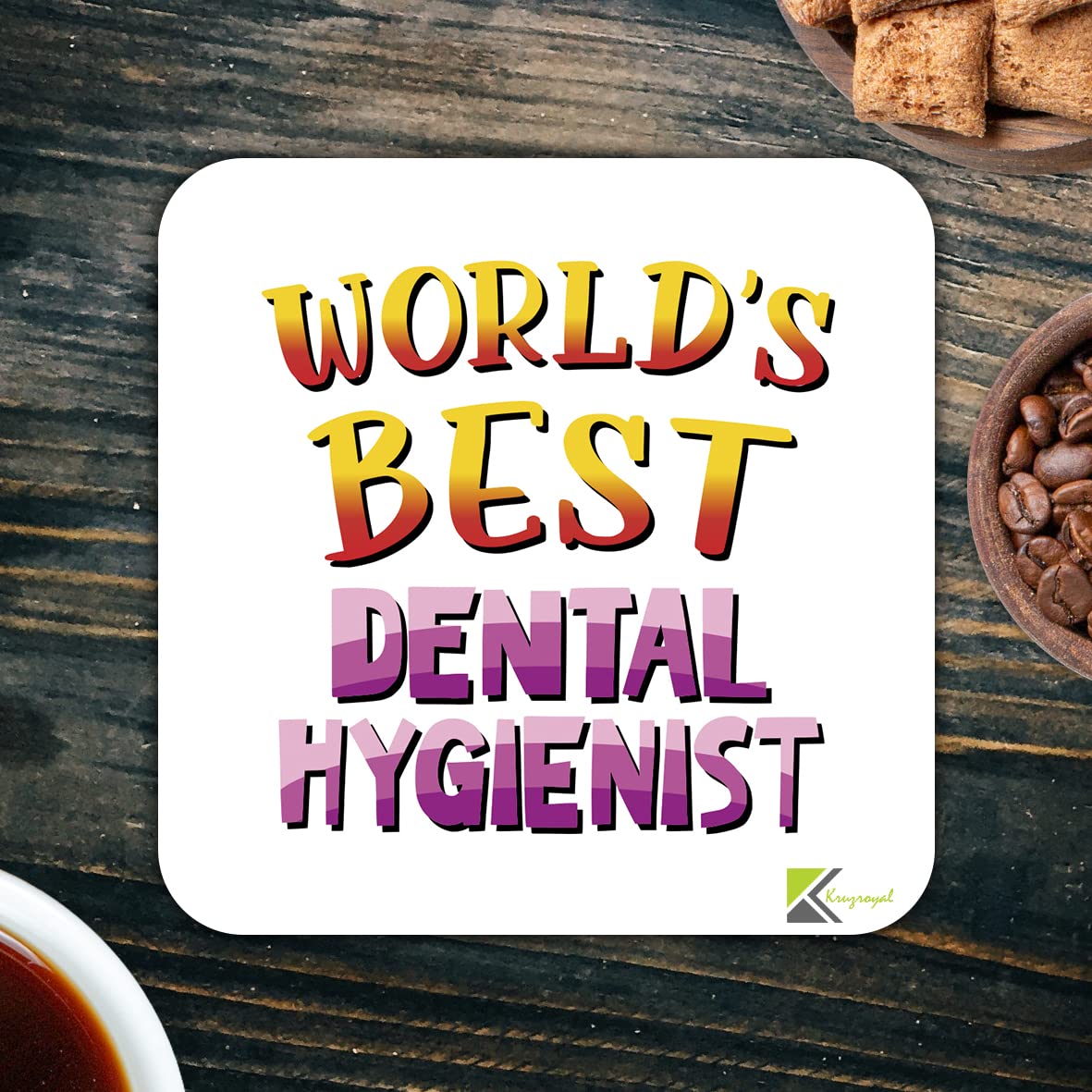 WB066 World's Best Dental Hygienist MDF Wooden Coaster by Kruzroyal | Gift for Dental Hygienist | Unique Novelty Present | 9cm x 9cm | Coffee Tea MDF Wooden Coaster