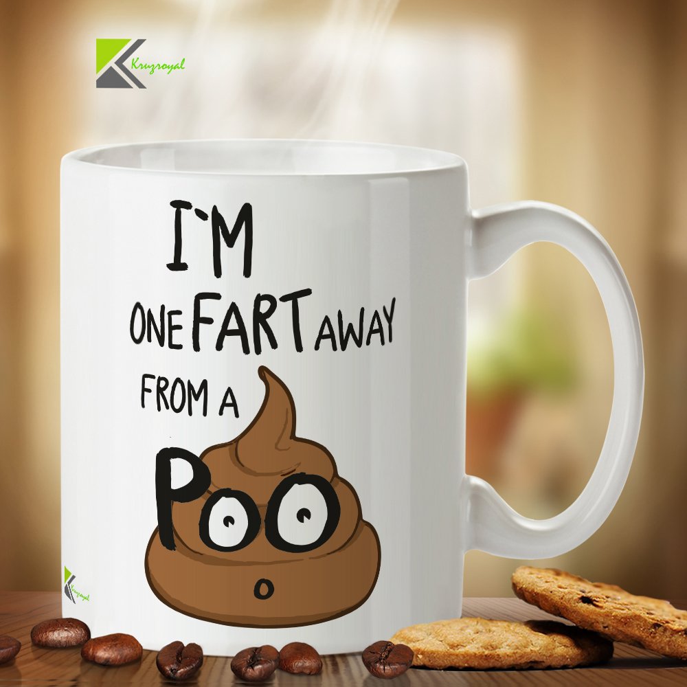 DZ276 I'm one fart away from a poo Funny Novelty Great Gift Idea Coffee Tea Mug | Rude Gag Gift for Men, Dad, Husband | Fart Humour Coffee Cup | Secret Santa, Birthday Banter Present for Him, 11oz