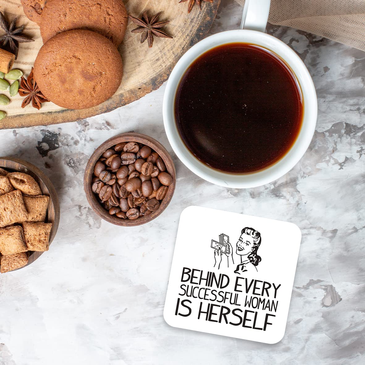 CS504 Behind Every Successful Woman is Herself Novelty Funny Coffee Tea Drink Gift Glossy MDF Wooden Coaster