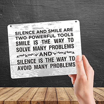 Kruzroyal MP494 Silence And Smile Quote Funny Novelty Retro Vintage Metal Wall Sign Plaque 20cm x 15cm