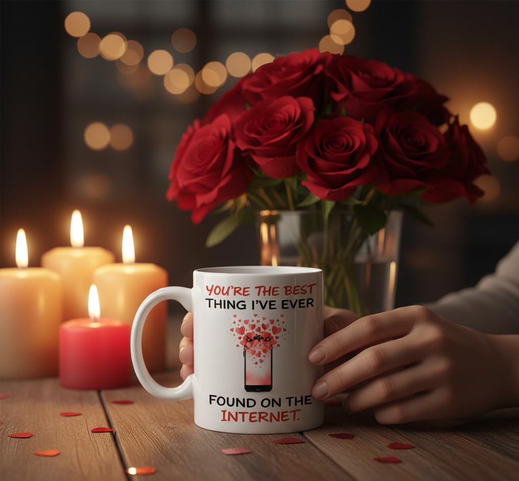 Kruzroyal Funny Anniversary Mug - You’re The Best Thing I’ve Ever Found on The Internet - Novelty Gift for Boyfriend, Girlfriend, Husband, Wife - Internet Dating Birthday Present - 11oz Ceramic Cup
