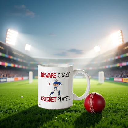 Kruzroyal "Beware Crazy Cricket Player Funny Mug - 11oz Ceramic Coffee Cup, Novelty Gift for Players, Fans, Men, Dad, Coach