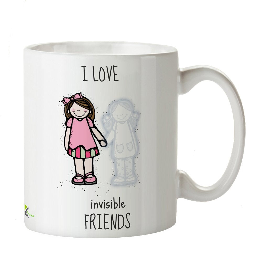 Kruzroyal Funny Invisible Friends Mug, Quirky Cartoon Illustration Design, Novelty Gag Gift for Kids, Introverts or Coworkers, White Ceramic Coffee Cup, 11 oz