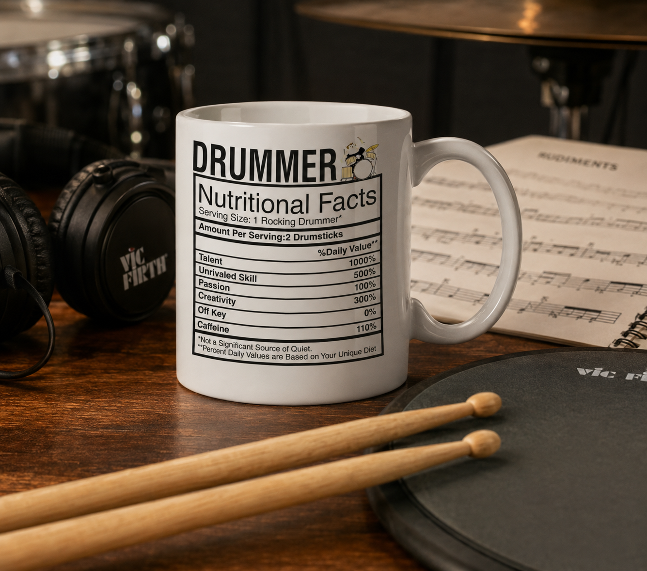 Kruzroyal Drummer Mug Gift for Men & Dad - Funny Nutritional Facts 11oz Ceramic Coffee Cup - Music Gifts for Drummers & Musicians