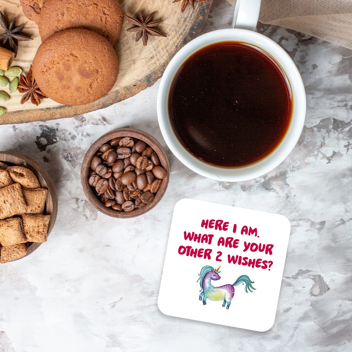 CS763 Here i am,What are Your Other 2 Wishes? Novelty Funny Coffee Tea Drink Gift Glossy MDF Wooden Coaster