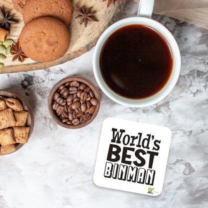 WB031 World's Best Binman MDF Wooden Coaster by Kruzroyal | Gift for Binman | Unique Novelty Present | 9cm x 9cm | Coffee Tea MDF Wooden Coaster