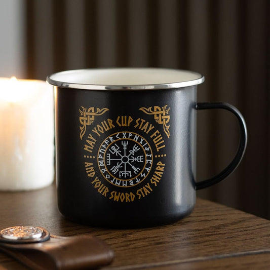 something different Metal Enamel Mug, 550ml, Black, Viking Vegvisir Compass Design, Norse Mythology Theme, Outdoor Adventure, Camping, Single Cup