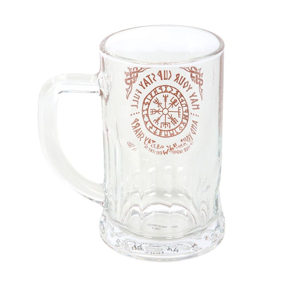 something different Glass Beer Tankard, 500ml, Clear, Vegvisir Compass Design, Viking Theme, Drinking, Gift, with Cork Coaster