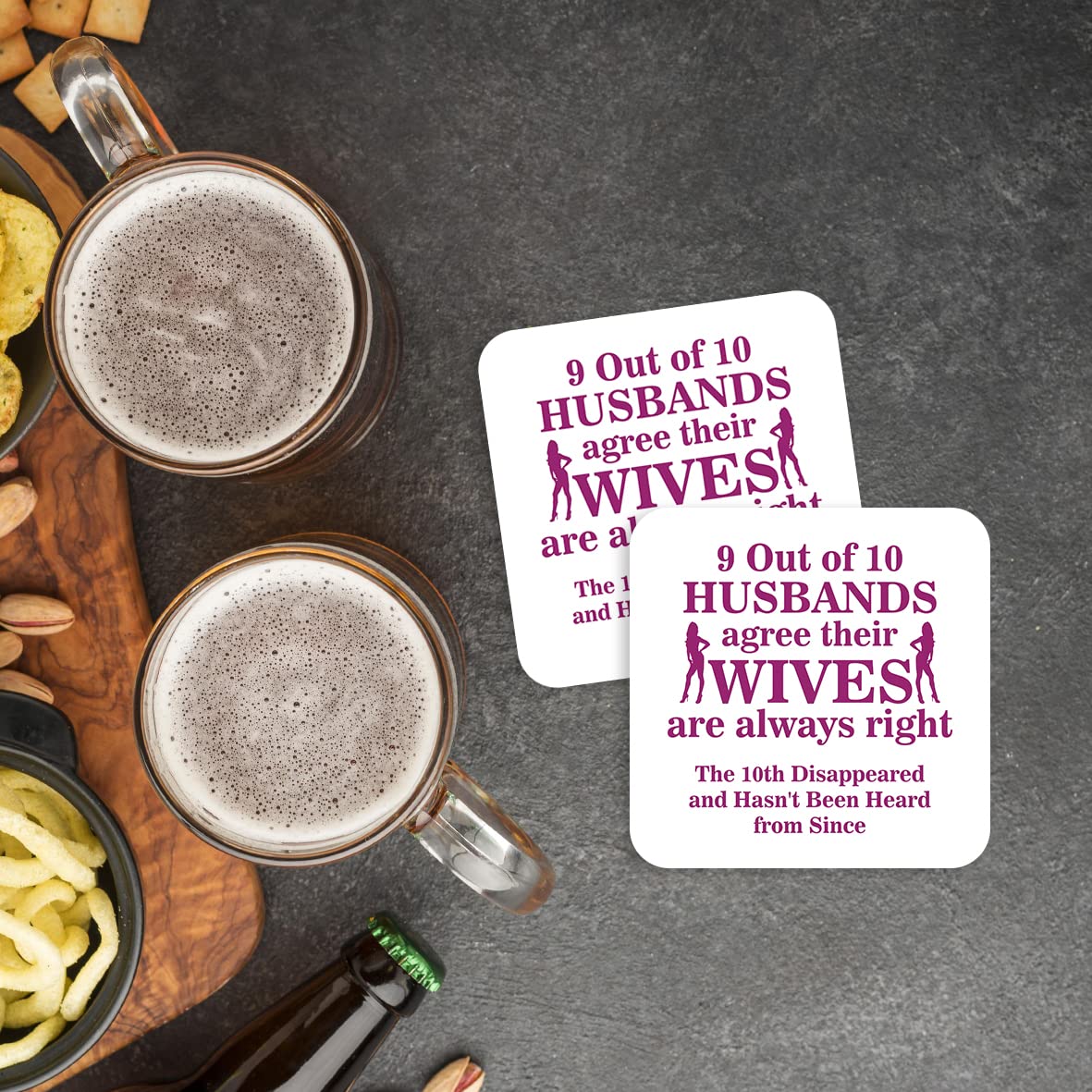 CS606 9 Out of 10 Husbands Agree Their Wives are Always Right. The 10th disappeared and Hasn't Been Heard from Since. Novelty Funny Coffee Tea Drink Gift Glossy MDF Wooden Coaster