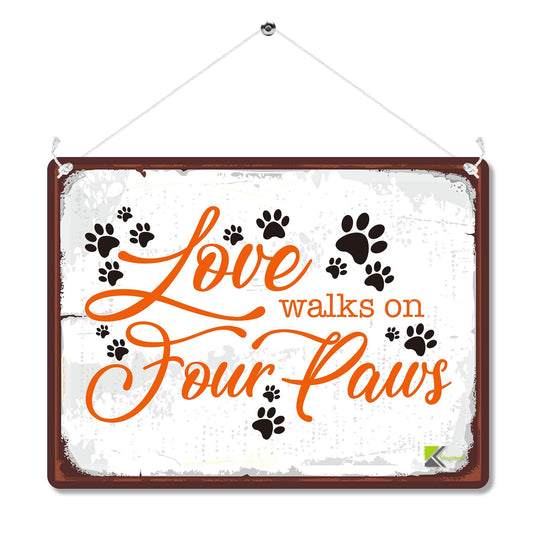 Kruzroyal Pet Lover Metal Wall Sign, Love Walks On Four Paws Novelty Plaque Gift, Heartwarming Retro Vintage Tin Decor for Home or Hallway, 20x15cm