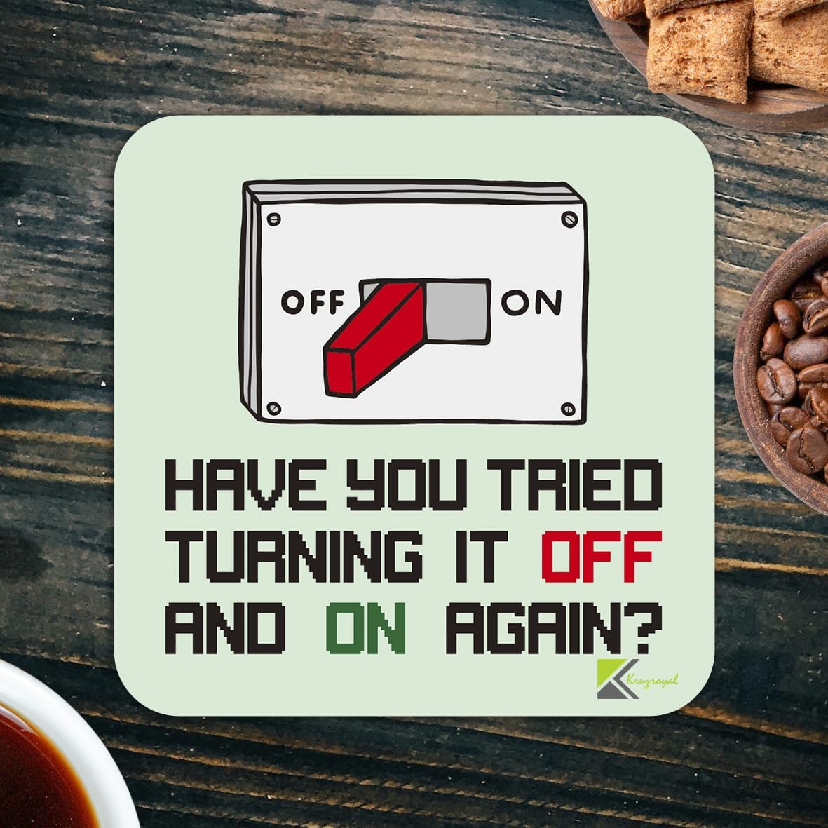 CS070 Have you tried turning it off and on again? Novelty Funny Coffee Tea Gift Glossy MDF Wooden Coaster | Gifts for Tech Support, Dad, Men, Colleagues – MDF Drink Mat – Fathers Day & Geek Present