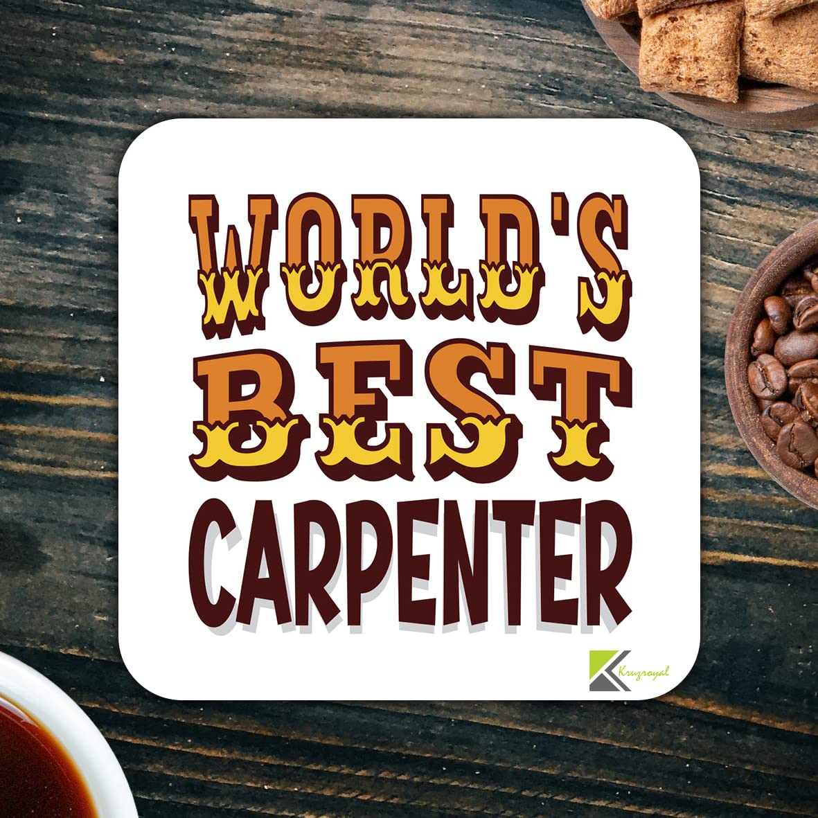 WB003 World's Best Carpenter MDF Wooden Coaster by Kruzroyal | Gift for Carpenter | Unique Novelty Present | 9cm x 9cm | Coffee Tea MDF Wooden Coaster