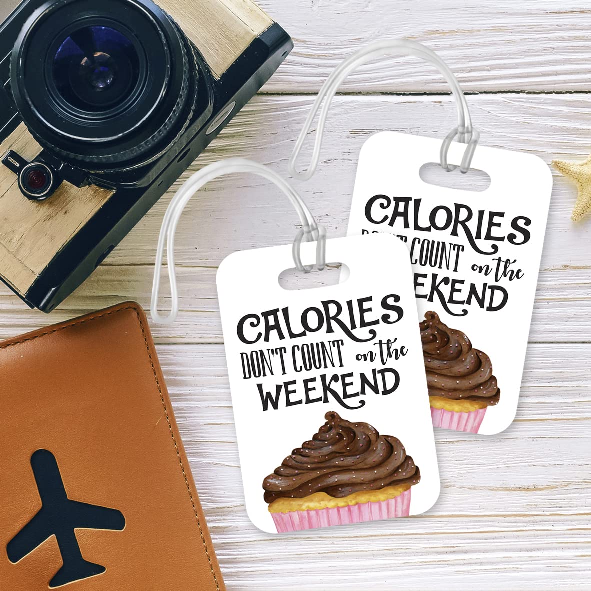 LT113 Calories Don't Count On The Weekend - 2 Novelty Funny Unique Designer Gift Glossy Plastic Suitcase Luggage Tag