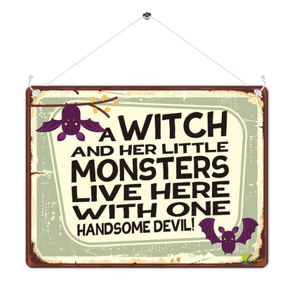 Kruzroyal MP437 A Witch and her little monsters live here with one handsome devil! / Family Sign Funny Novelty Retro Vintage Metal Wall Sign Plaque 20cm x 15cm