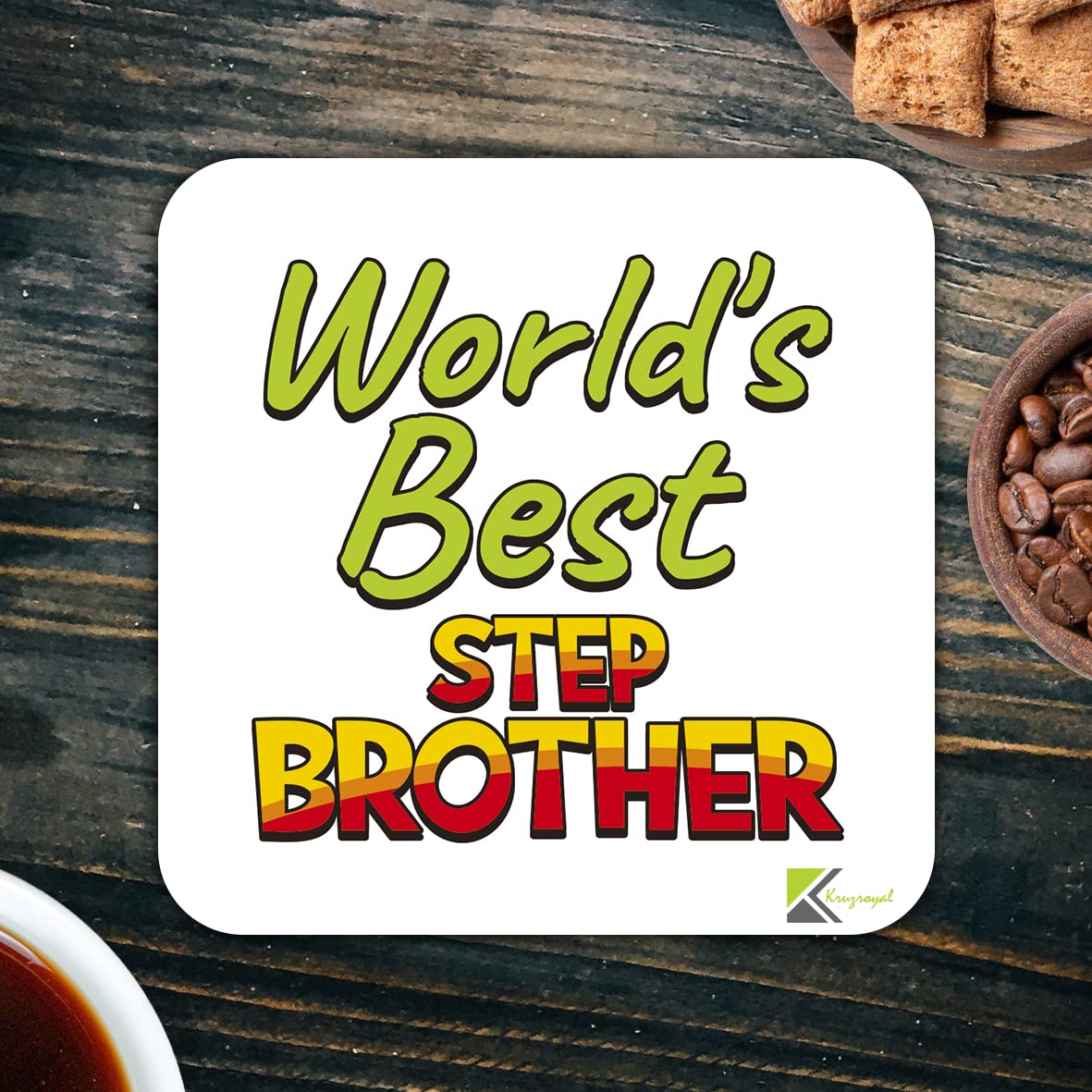 WB017 World's Best Step Brother MDF Wooden Coaster by Kruzroyal | Gift for Step Brother| Unique Novelty Present | 9cm x 9cm | Coffee Tea MDF Wooden Coaster