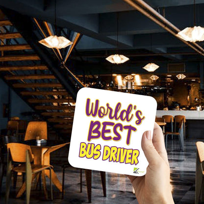 WB078 World's Best Bus Driver MDF Wooden Coaster by Kruzroyal | Gift for Bus Driver | Unique Novelty Present | 9cm x 9cm | Coffee Tea MDF Wooden Coaster