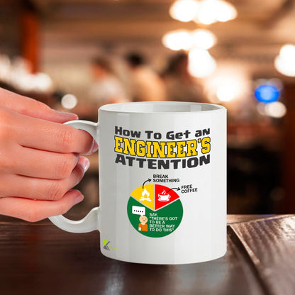 DZ955 Funny Engineer Mug - How to Get Engineer's Attention - Perfect STEM, Tech, IT Gift for Grads & Coworkers - 11oz White Ceramic Coffee Cup