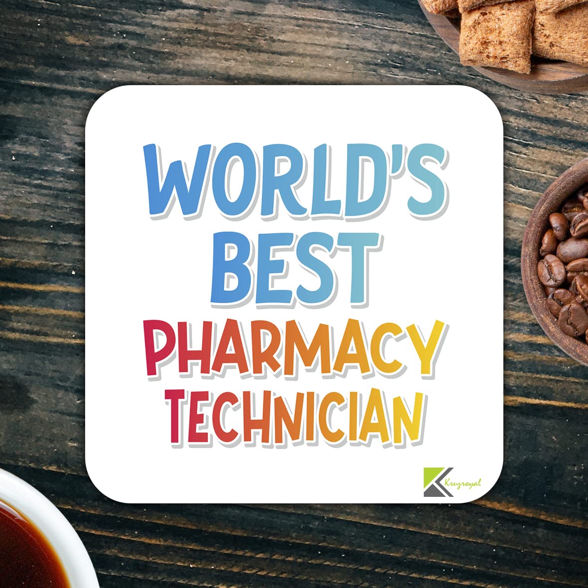 WB075 World's Best Pharmacy Technician MDF Wooden Coaster by Kruzroyal | Gift for Pharmacy Technician | Unique Novelty Present | 9cm x 9cm | Coffee Tea MDF Wooden Coaster