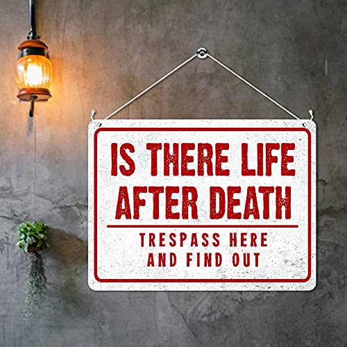Kruzroyal MP424 Is there life after death?, Trespass here and find out Funny Novelty Retro Vintage Metal Wall Sign Plaque 20cm x 15cm