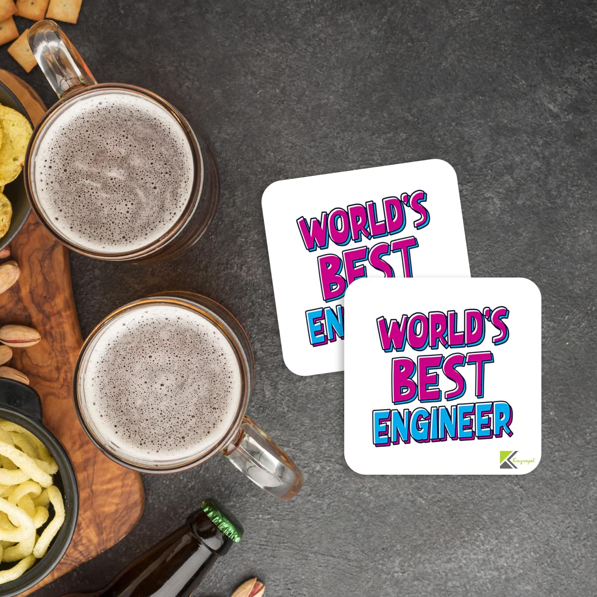 WB002 World's Best Engineer MDF Wooden Coaster by Kruzroyal | Gift for Engineer | Unique Novelty Present | 9cm x 9cm | Coffee Tea MDF Wooden Coaster