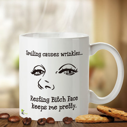 Kruzroyal DZ405 Smiling Causes Wrinkles... Resting Bitch face Keeps me Pretty. Funny Novelty Great Gift Idea Coffee Tea Mug