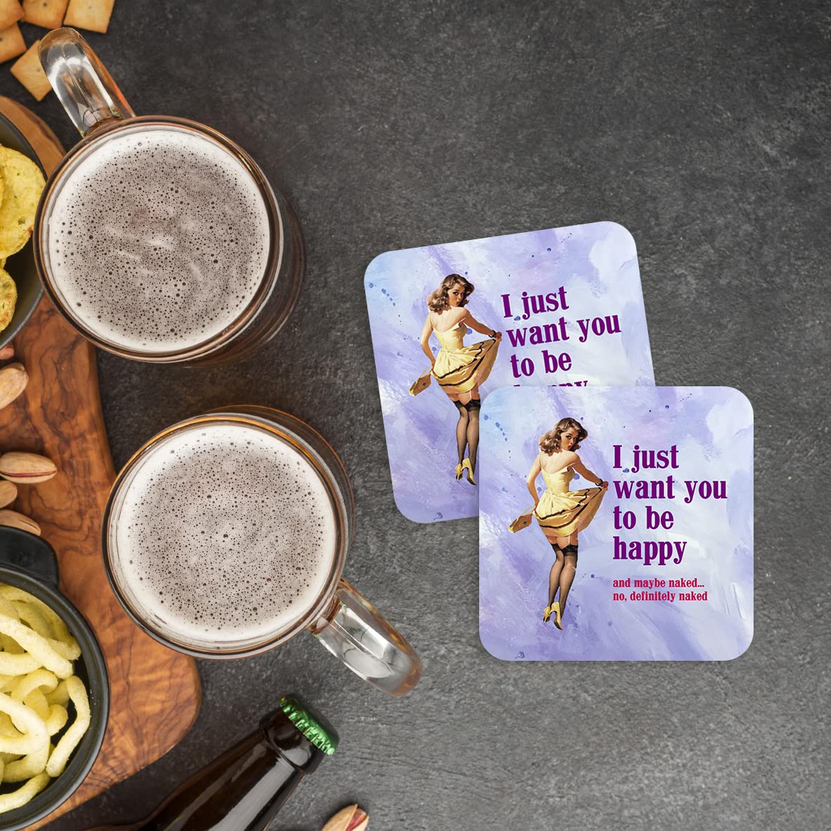 CS789 I just Want You to be Happy and Maybe Naked... no,Definitely Naked. Novelty Funny Coffee Tea Drink Gift Glossy MDF Wooden Coaster