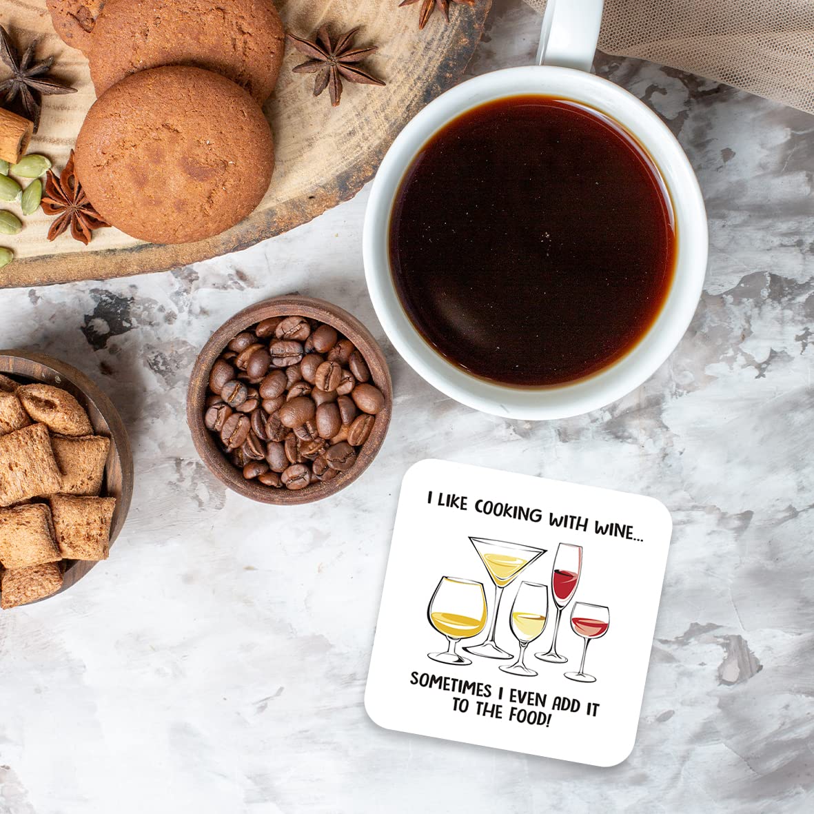 CS611 I Like Cooking with Wine Sometimes i Even add it to The Food! Novelty Funny Coffee Tea Drink Gift Glossy MDF Wooden Coaster