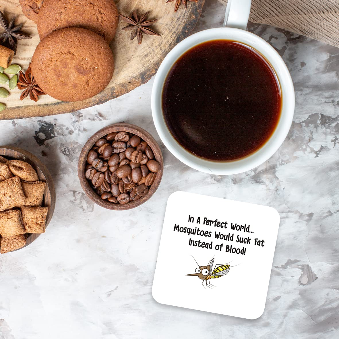 CS744 in a Perfect World... Mosquitoes Would Suck Fat Instead of Blood! Novelty Funny Coffee Tea Drink Gift Glossy MDF Wooden Coaster