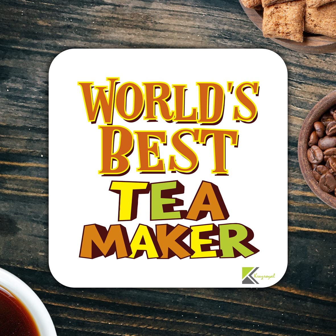 WB028 World's Best Tea Maker MDF Wooden Coaster by Kruzroyal | Gift for Tea Maker | Unique Novelty Present | 9cm x 9cm | Coffee Tea MDF Wooden Coaster