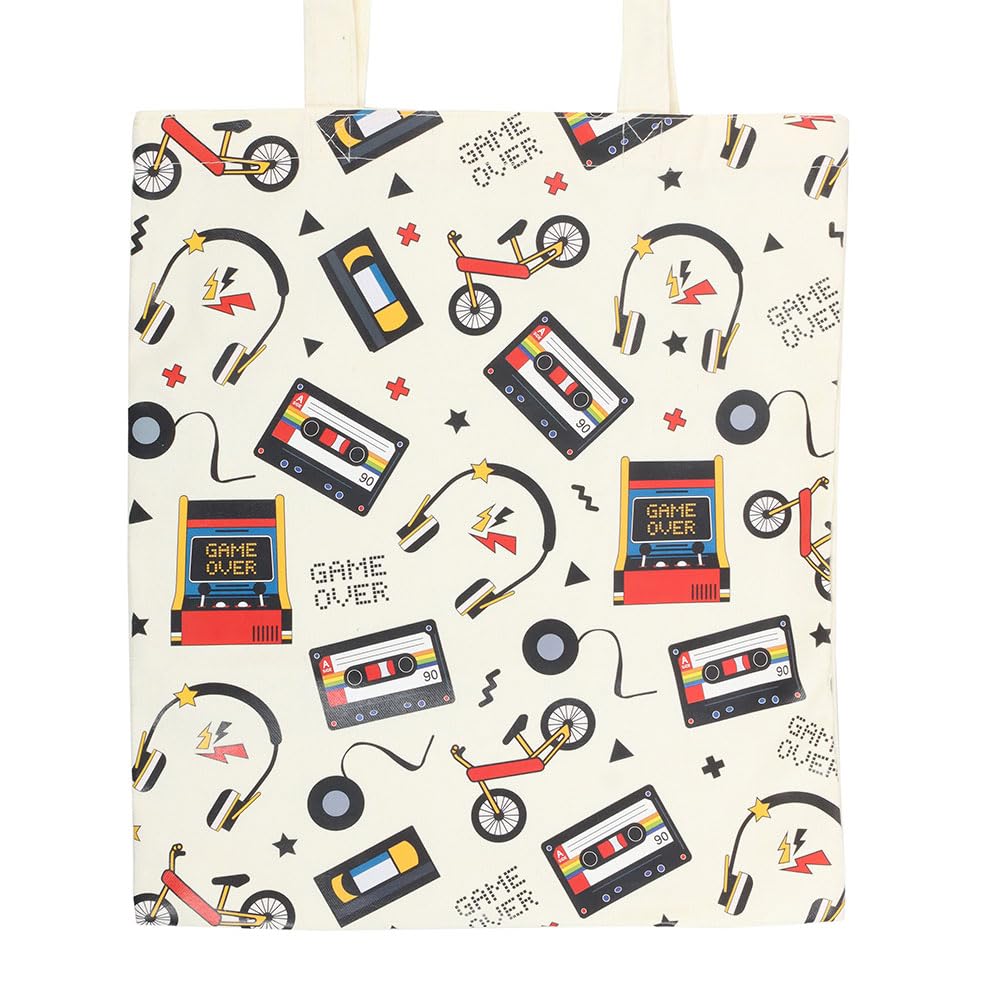 Something Different Wholesale Retro 80s Print Tote Bag | Polycotton Reusable Bag | Arcade & Cassette Print | Lightweight Shopping Bag | Nostalgic Gift | Hand Wash Only