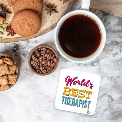 WB044 World's Best Therapist MDF Wooden Coaster by Kruzroyal | Gift for Therapist | Unique Novelty Present | 9cm x 9cm | Coffee Tea MDF Wooden Coaster