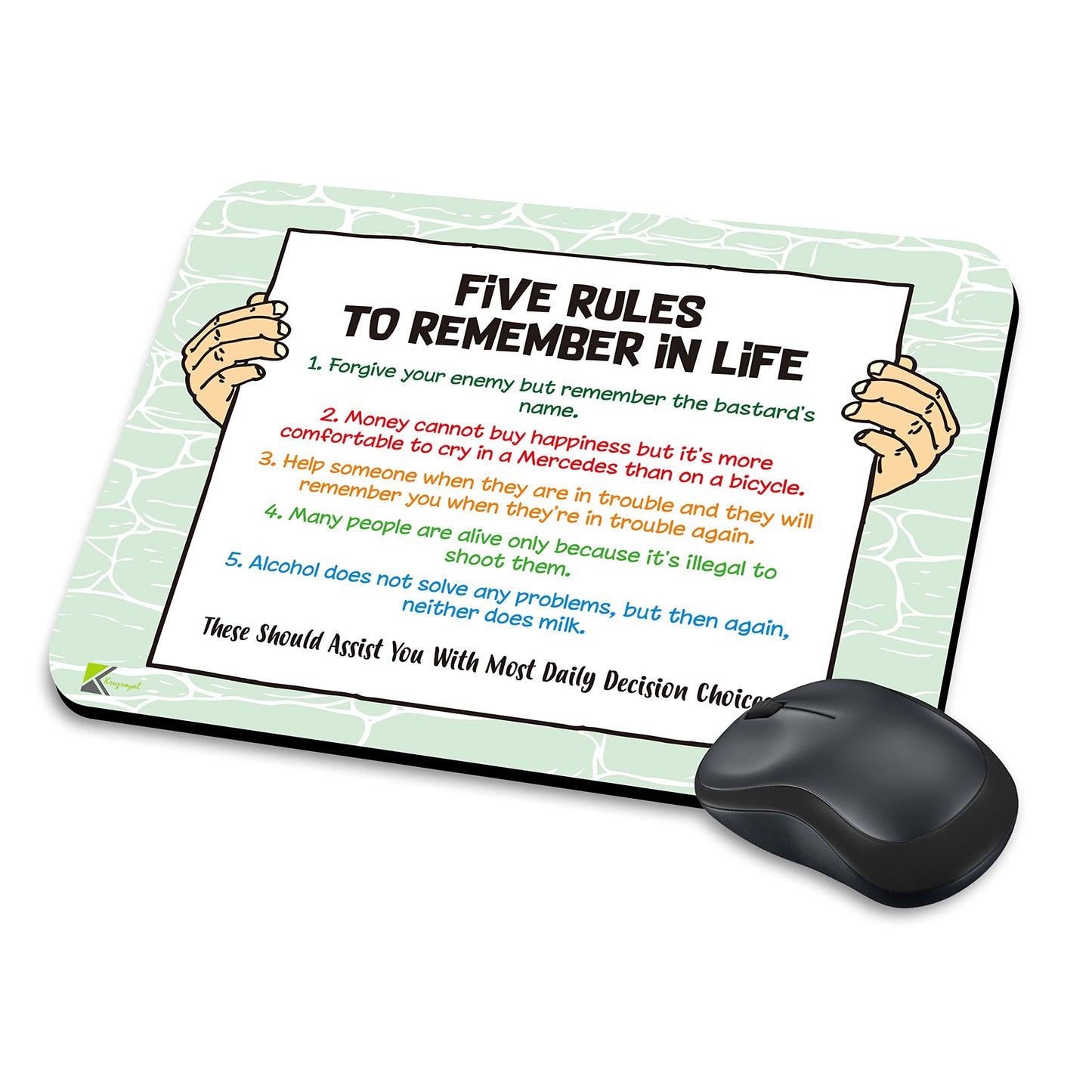 Five Rules to Remember in Life Funny Novelty Mousemat/Pad Anti Slip Computer PC Mouse Mat