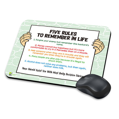 Five Rules to Remember in Life Funny Novelty Mousemat/Pad Anti Slip Computer PC Mouse Mat