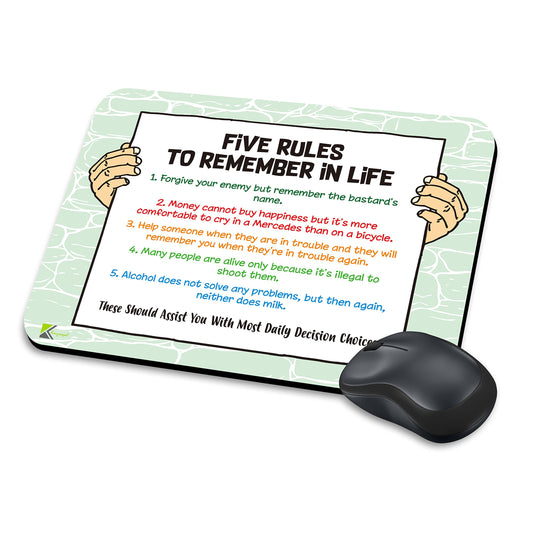 Five Rules to Remember in Life Funny Novelty Mousemat/Pad Anti Slip Computer PC Mouse Mat