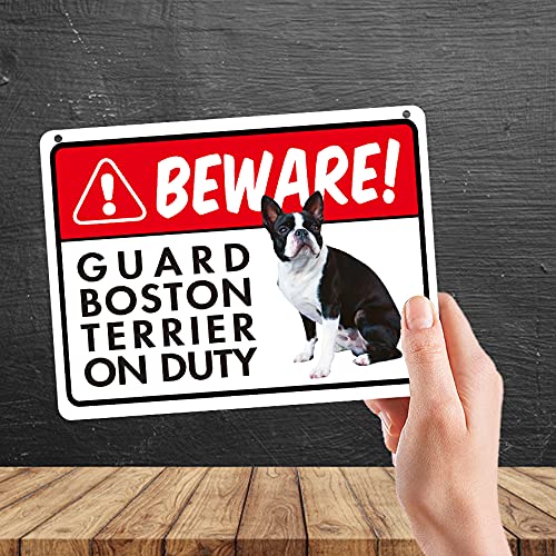 Kruzroyal MP342 BEWARE!, Guard boston terrier on duty. Funny Novelty Retro Vintage Metal Wall Sign Plaque 20cm x 15cm
