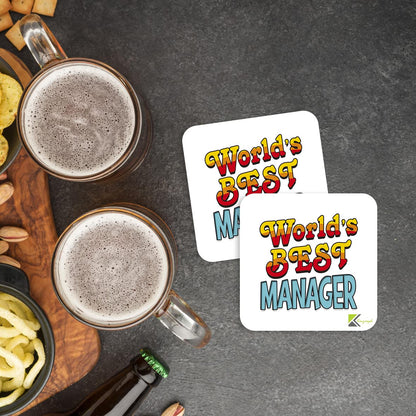 WB038 World's Best Manager MDF Wooden Coaster by Kruzroyal | Gift for Manager | Unique Novelty Present | 9cm x 9cm | Coffee Tea MDF Wooden Coaster